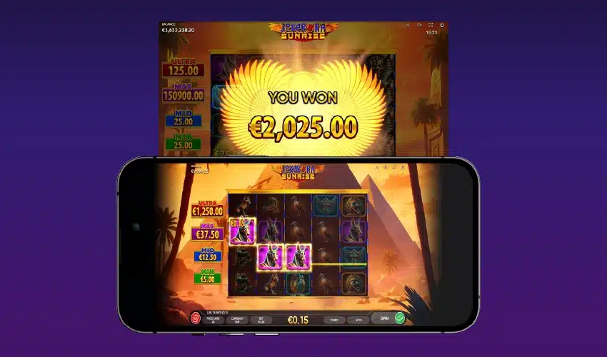 iWild casino mobilspel. Jekerora Sunrise. You won €2,025.00. 
Ultra 125.00. Max 150900.00. Mid 25.00. Min 25.00 
Jekorora Sunrise 
Ultra €1,250.00
Max €37.50
Mid 
€12.50
Min 
€5.00
€0.15 Spin
