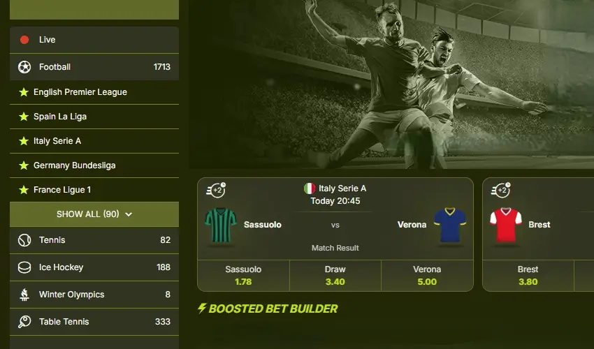 Lucky Jungle casino betting. Live, Football 1713, English premier League, Spain La Liga, Italy Serie A, Germany Bundesliga, France Ligue 1, Show all (90). Tennis 82, Ice Hockey 188, Winter Olympics 8, Table Tennis 333. Itly Seria A today 20:45 Sassuolo vs Verona Mach result Sassuolo 1.78, Draw 3.40, Verona 5.00. Best, Best 3.80, Boosted Bet builder.