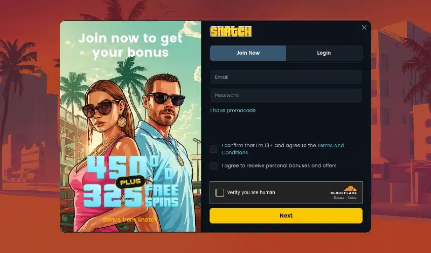 Snatch casino registrering. Join now to get your bonus. 450% plus 325 free spins, bonus from Snatch. Snatch, join now, login, email, password, I have a promocode, I confirm that I'm 18+ and agree to terms and conditions. I agree to receive personal bonuses and offers. Verify you are human, cloudflare, Next. 
